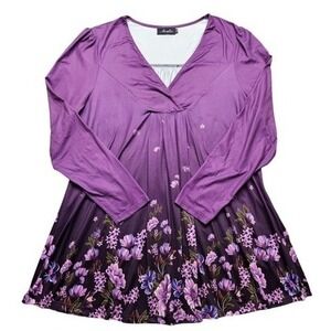 Amzplus Purple Ombre Floral V-Neck Tunic Blouse Long Sleeve Plus Size 2XL
